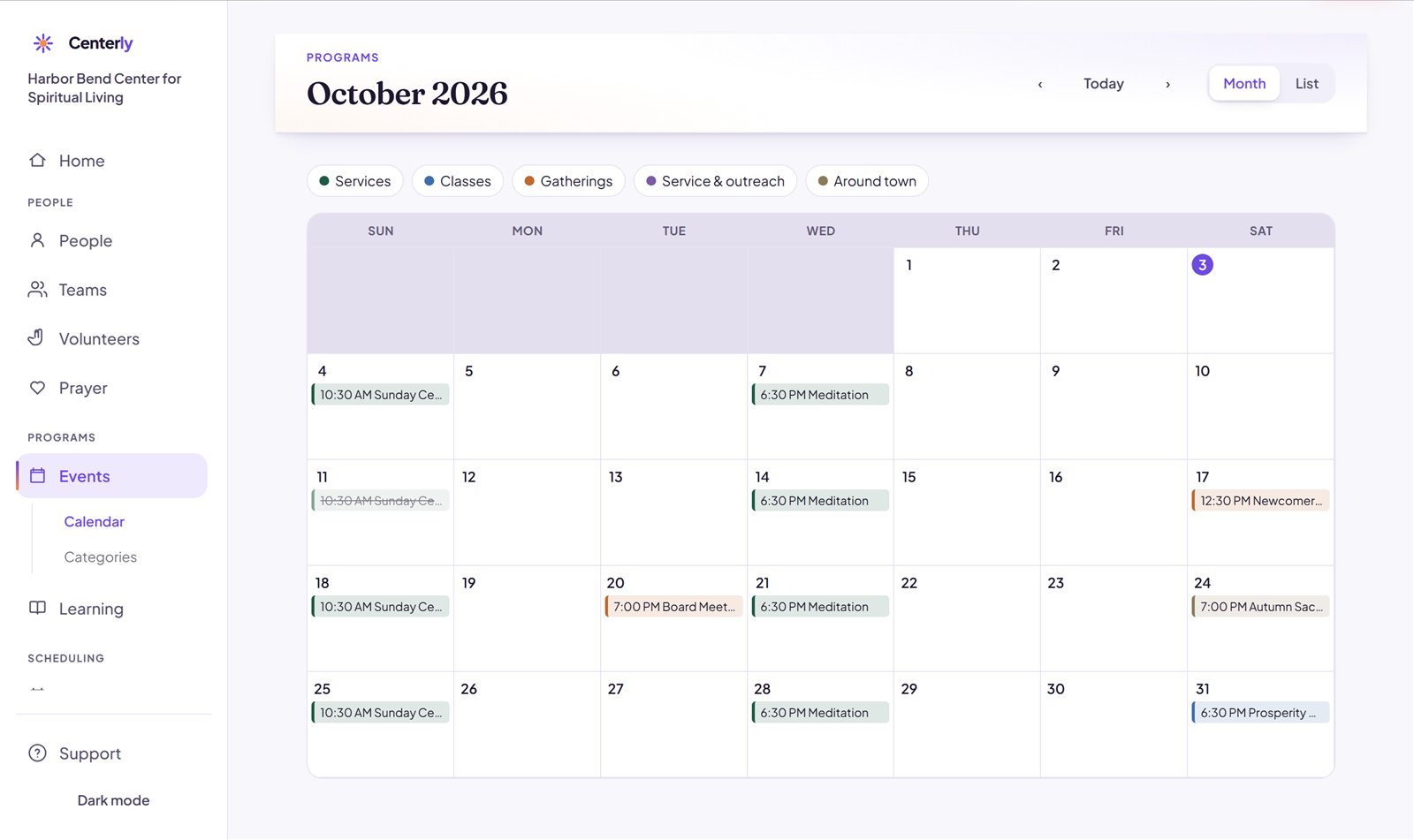 A month calendar of services, classes and gatherings