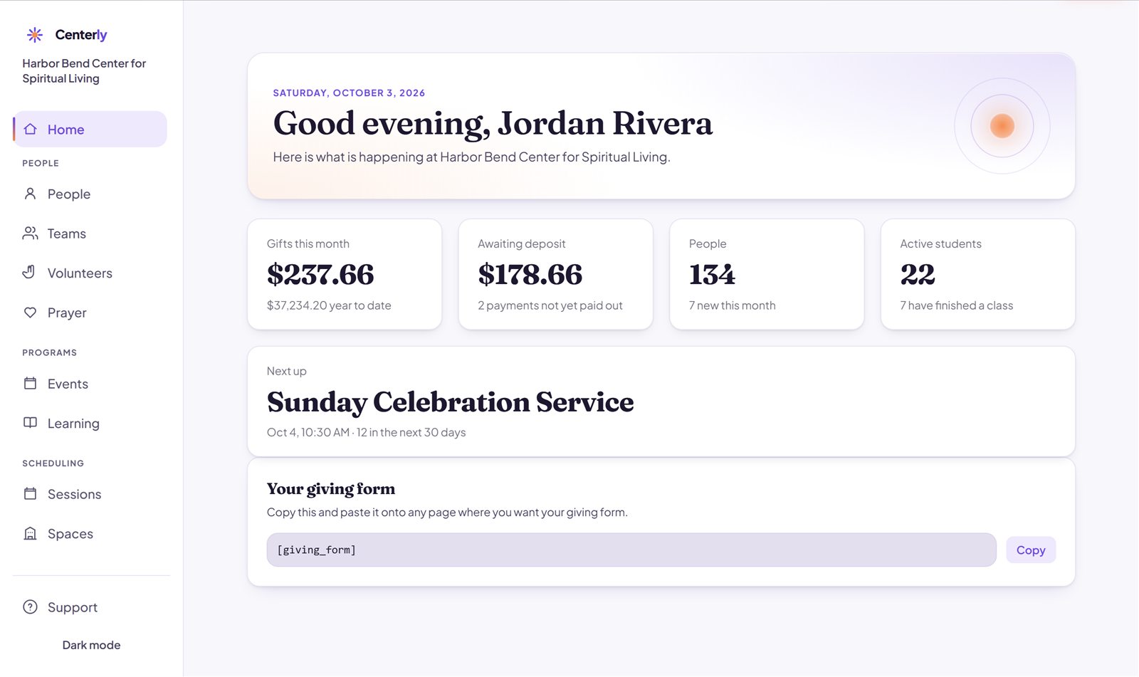 The Centerly Console home screen for Harbor Bend, a sample center